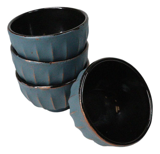 Blue Gold Ridged Lines Japanese Tetsubin Style Cast Iron Tea Cups Set of 4