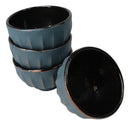 Blue Gold Ridged Lines Japanese Tetsubin Style Cast Iron Tea Cups Set of 4