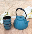 Blue Vertical Lines Design Tetsubin Cast Iron Teapot 33oz And 4 Tea Cups Set
