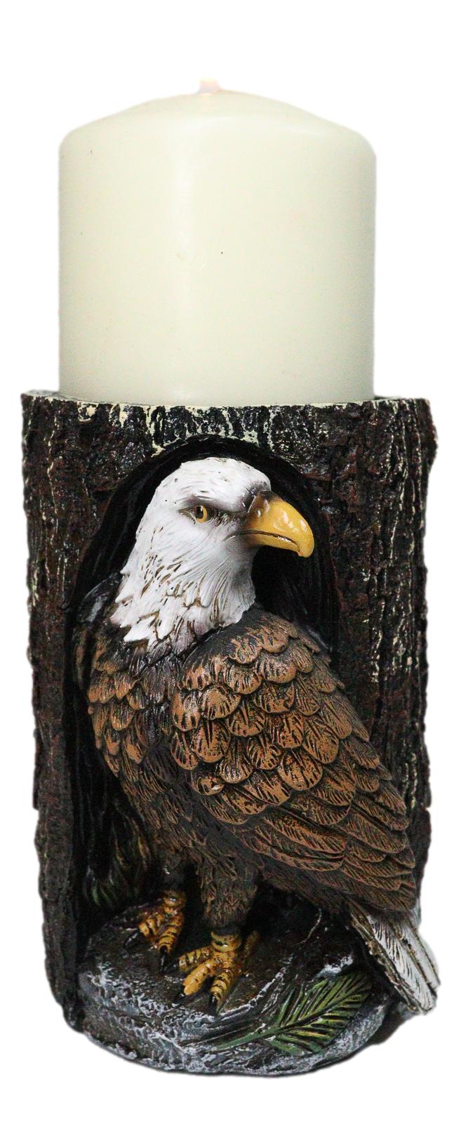 Bald Eagle Pillar Candle Holder Rustic American Eagle Figurine Tree Bark Design
