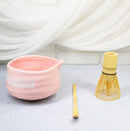 Pink White Brushstroke Ceramic Japanese Matcha Green Tea Bowl Whisk & Scoop Set