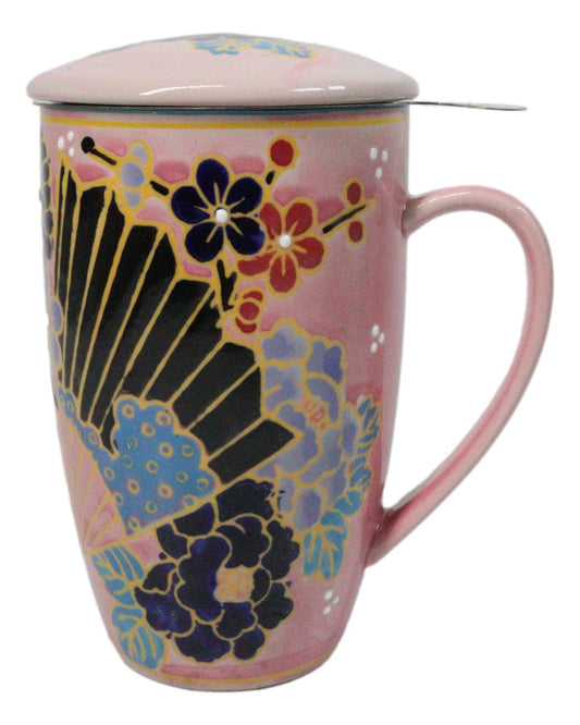 Japanese Fan Festival 15oz Porcelain Tea Mug With Lid & Stainless Steel Infuser