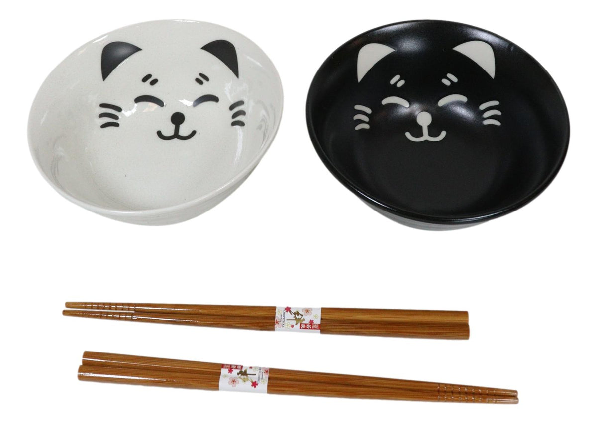 Ebros Made In Japan Black And White Lucky Meow Cats Bowl Set of 2 With Chopstick