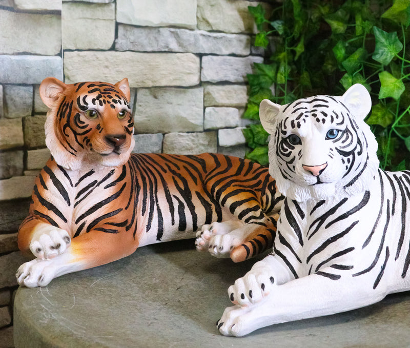 Pair Of Large Siberian And Bengal Tiger Resting 15.5"L Statue Home Garden Decor