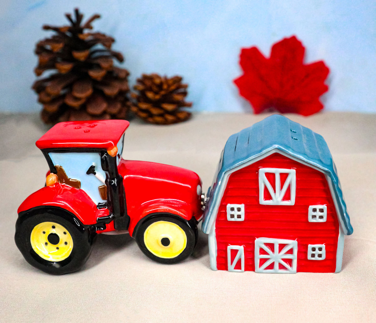 Ceramic Agricultural Country Farm Red Barn And Tractor Salt And Pepper Shakers