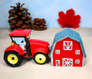 Ceramic Agricultural Country Farm Red Barn And Tractor Salt And Pepper Shakers