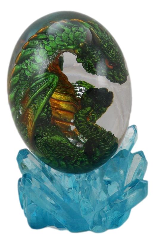 Green Dragon In Acrylic Glass Egg With Aqua Crystals And LED Lava Rock Bases