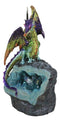 Green Purple and Gold Earth Dragon On LED Faux Geode Crystals Rock Figurine