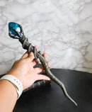 Gothic Fantasy Magic Wand With Skeletal Hand Serpent Coil Blue Crystal Gemstone