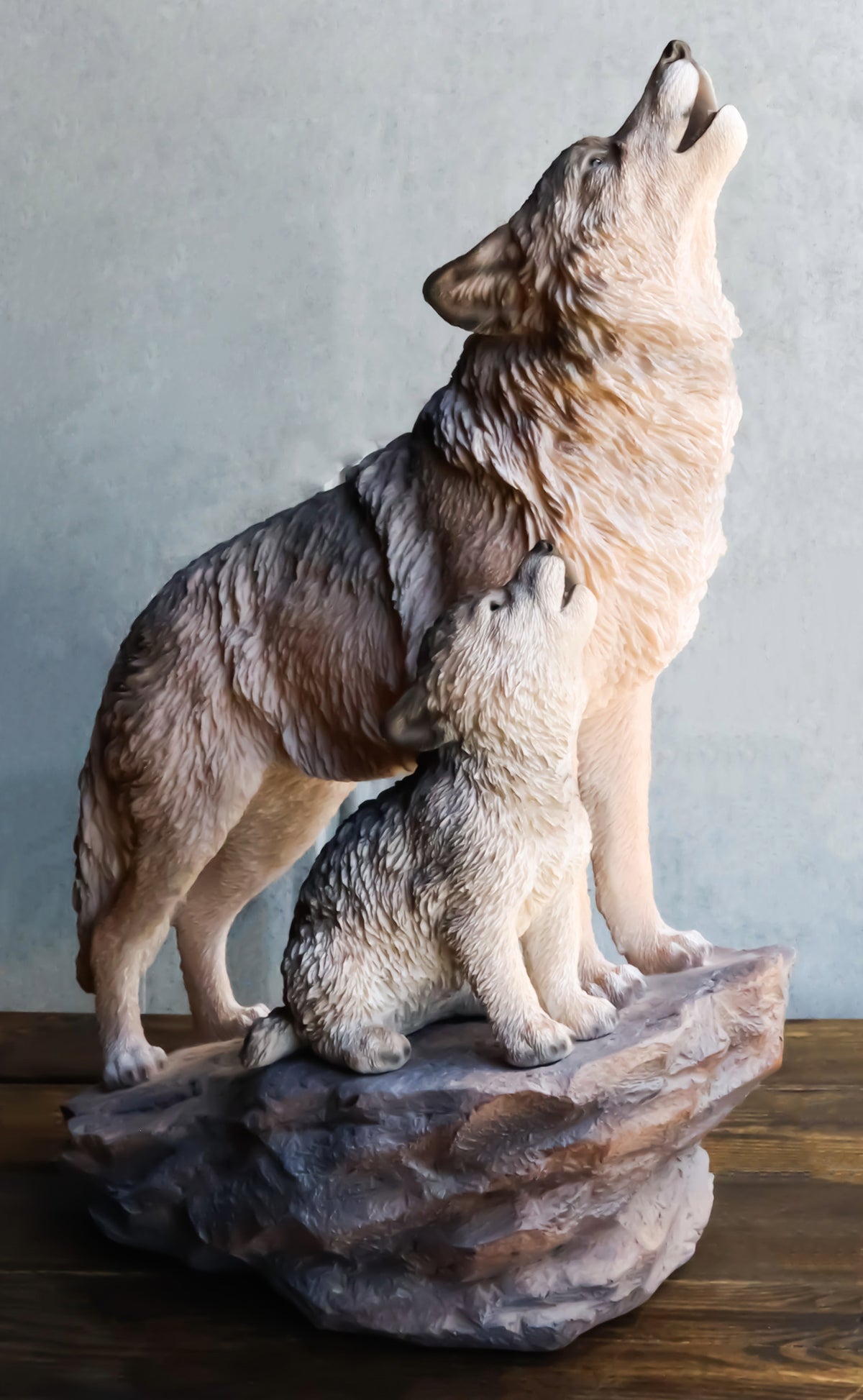 Large Full Moon Howling Spirit Wolf Alpha With Puppy On Rock Ledge Statue 15.5"H
