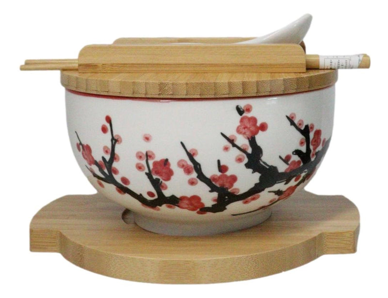 White Ume Plum Blossoms Donburi Ramen Bowl With Lid Trivet Spoon Chopsticks Set