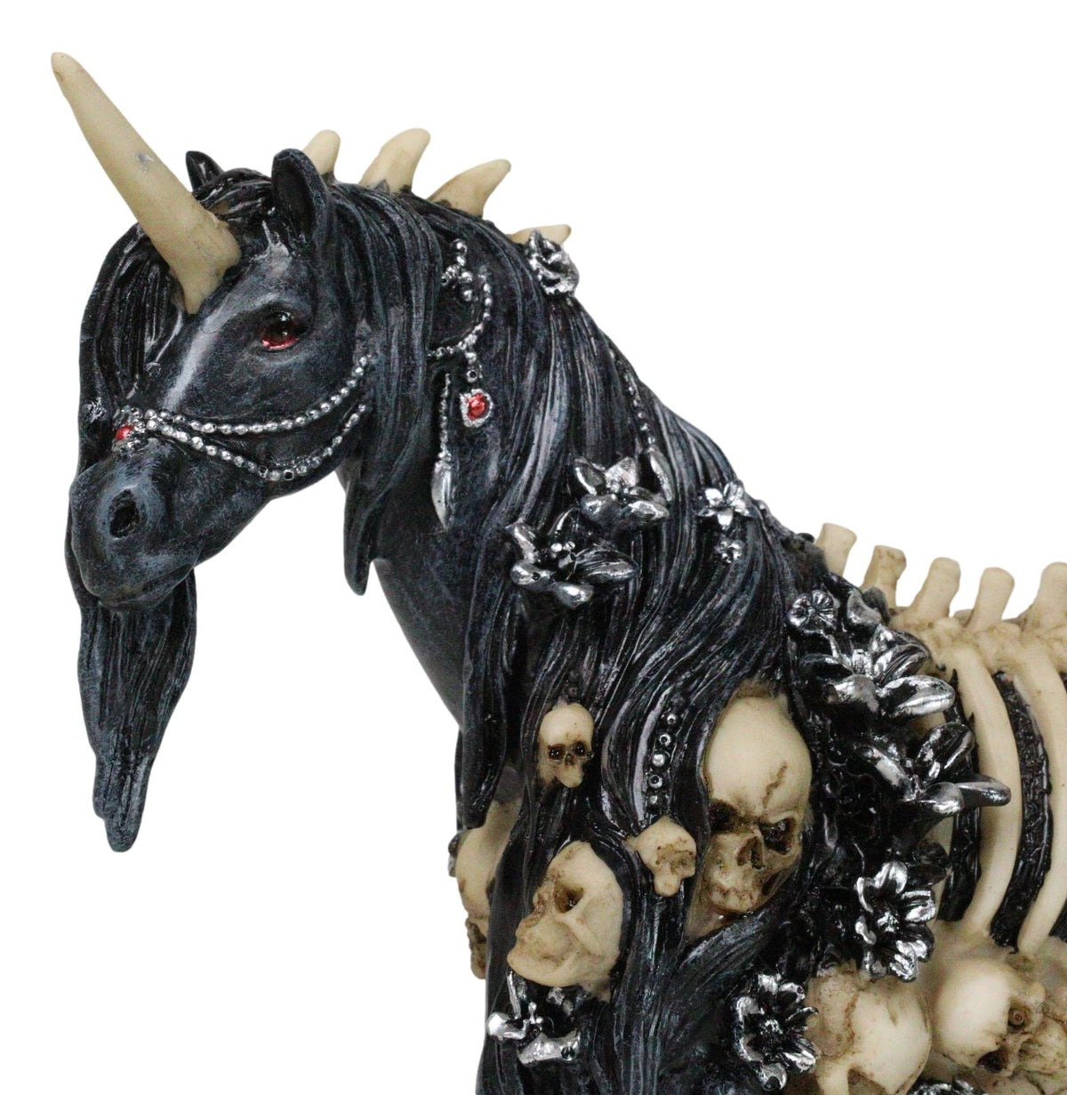 Gothic Macabre Black Dark Unicorn Horse With Skeleton Bones And Skulls Figurine