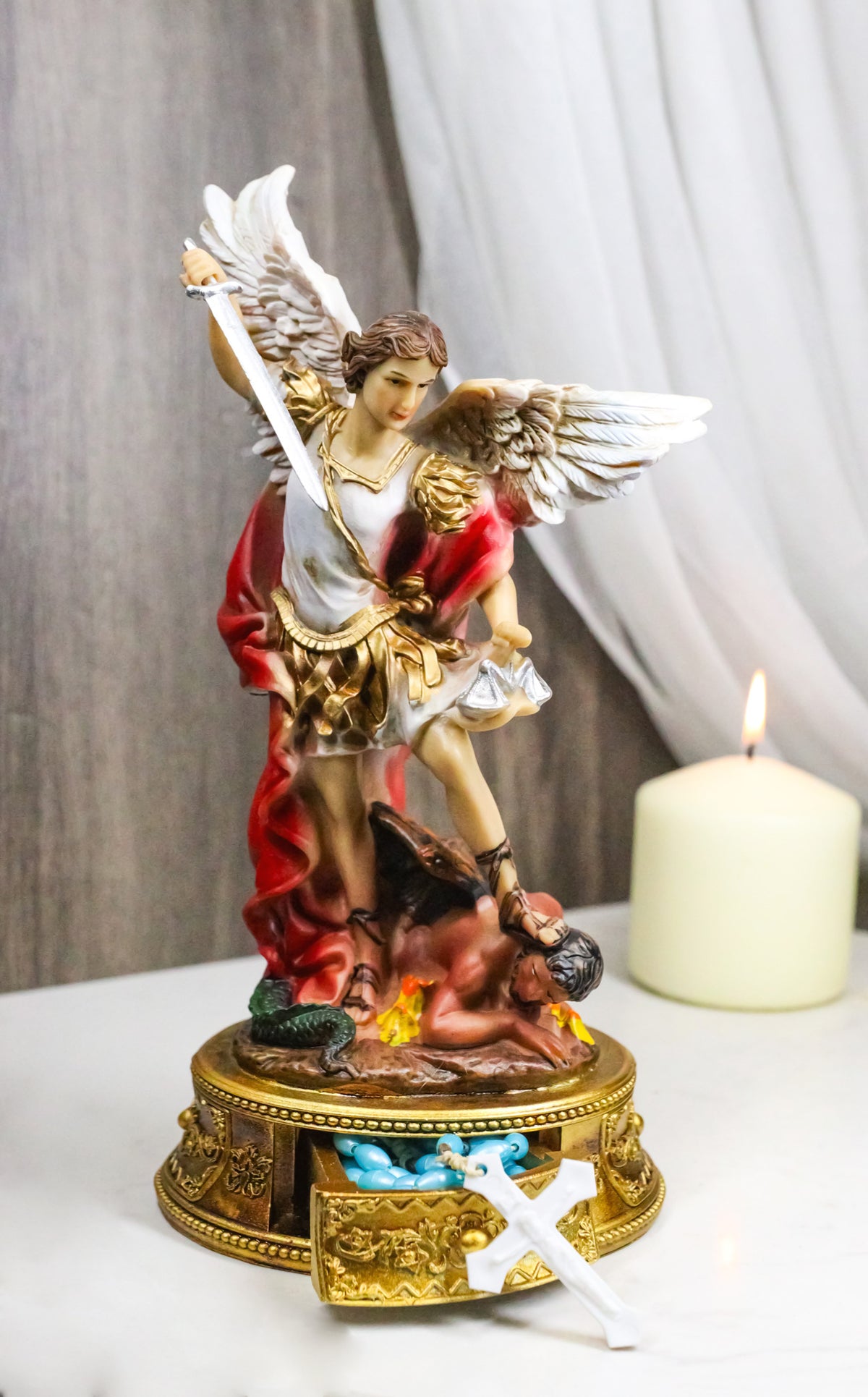 Archangel Saint Michael Trampling Satan Figurine With Rosary Drawer Box 9"H