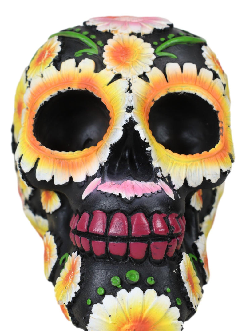 Day of The Dead Metallic Bright Sunflowers Floral Blooms Sugar Skull Figurine