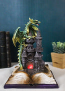 Medieval Green Dragon Perching On LED Castle With Book of Spells Figurine