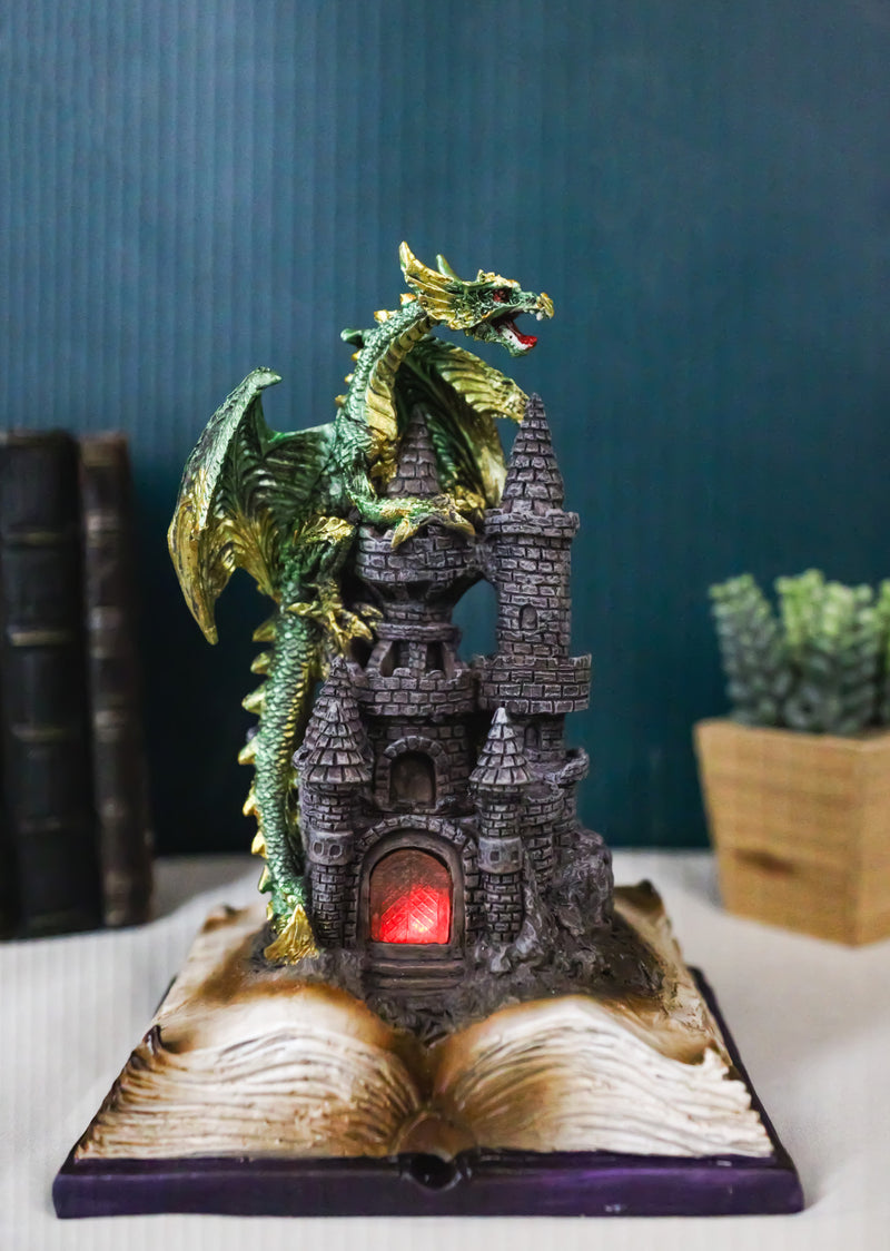 Medieval Green Dragon Perching On LED Castle With Book of Spells Figurine