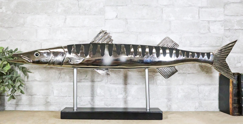 Marine Faux Taxidermy Silver Tone Large Barracuda Fish Sculpture With Pole Stand