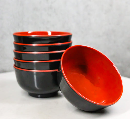 Set Of 6 Red And Black Round Ridged Small Soup Salad Rice Melamine Bowls 4"D