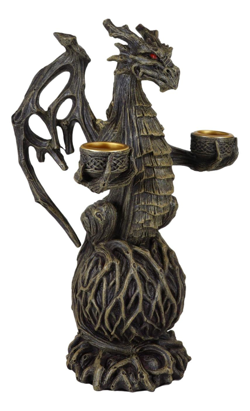 Forest Tree Ent Greenman Dendritic Dragon On Globe Double Candleholder Figurine