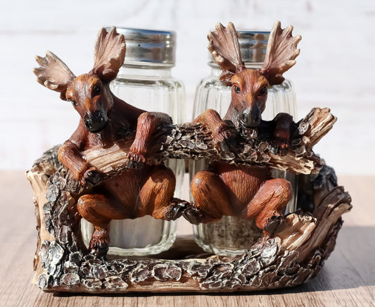Rustic Forest 2 Elk Moose Dangling On Tree Branch Salt And Pepper Shakers Holder