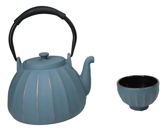 Blue Vertical Lines Design Tetsubin Cast Iron Teapot 33oz And 4 Tea Cups Set