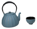 Blue Vertical Lines Design Tetsubin Cast Iron Teapot 33oz And 4 Tea Cups Set