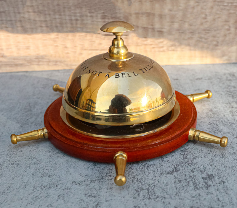 Vintage Brass Nautical Rudder Helm Wheel Paperweight Desk Counter Call Bell 6"D