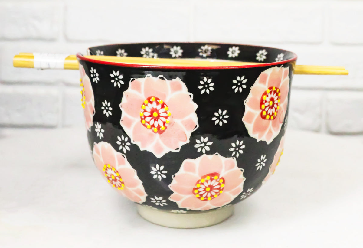 Black And Pink Cherry Blossoms Sakura Donburi Ramen Bowl With Chopsticks Set