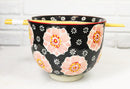 Black And Pink Cherry Blossoms Sakura Donburi Ramen Bowl With Chopsticks Set