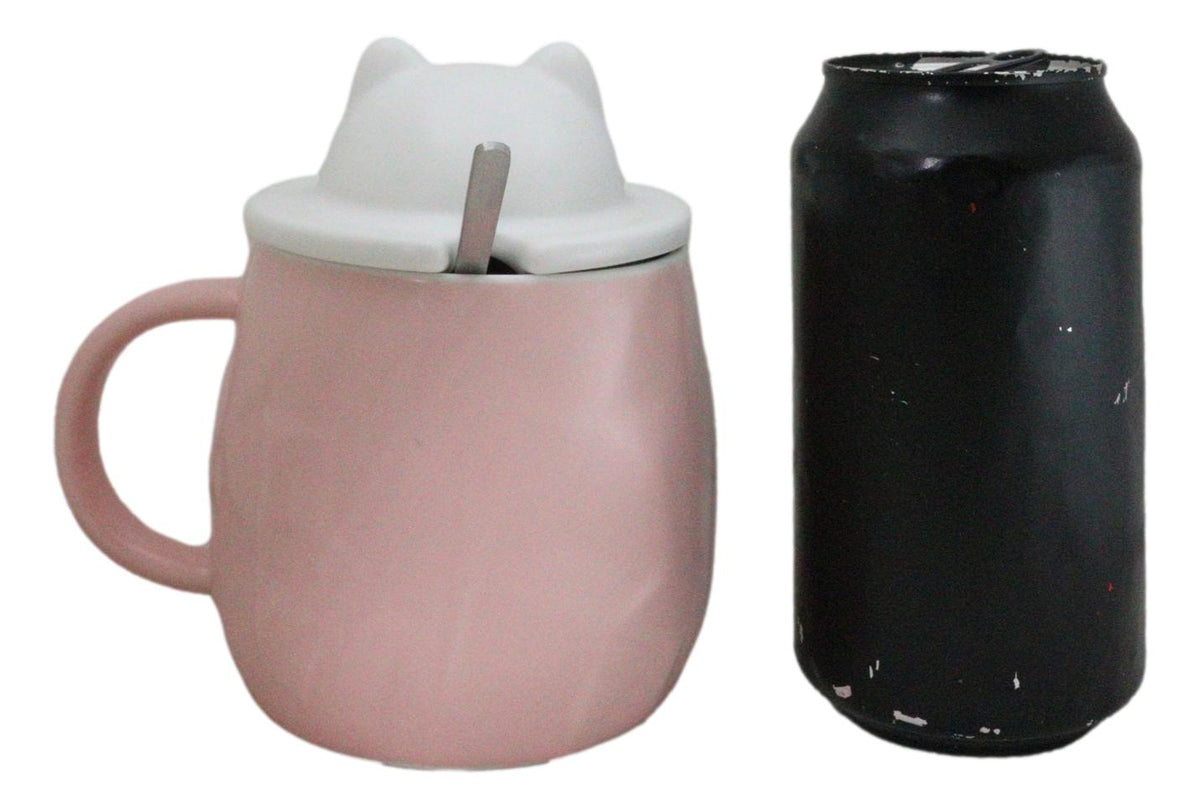 Whimsical Pastel Pink Feline Kitty Cat Cup Mug With Lid And Stirring Spoon