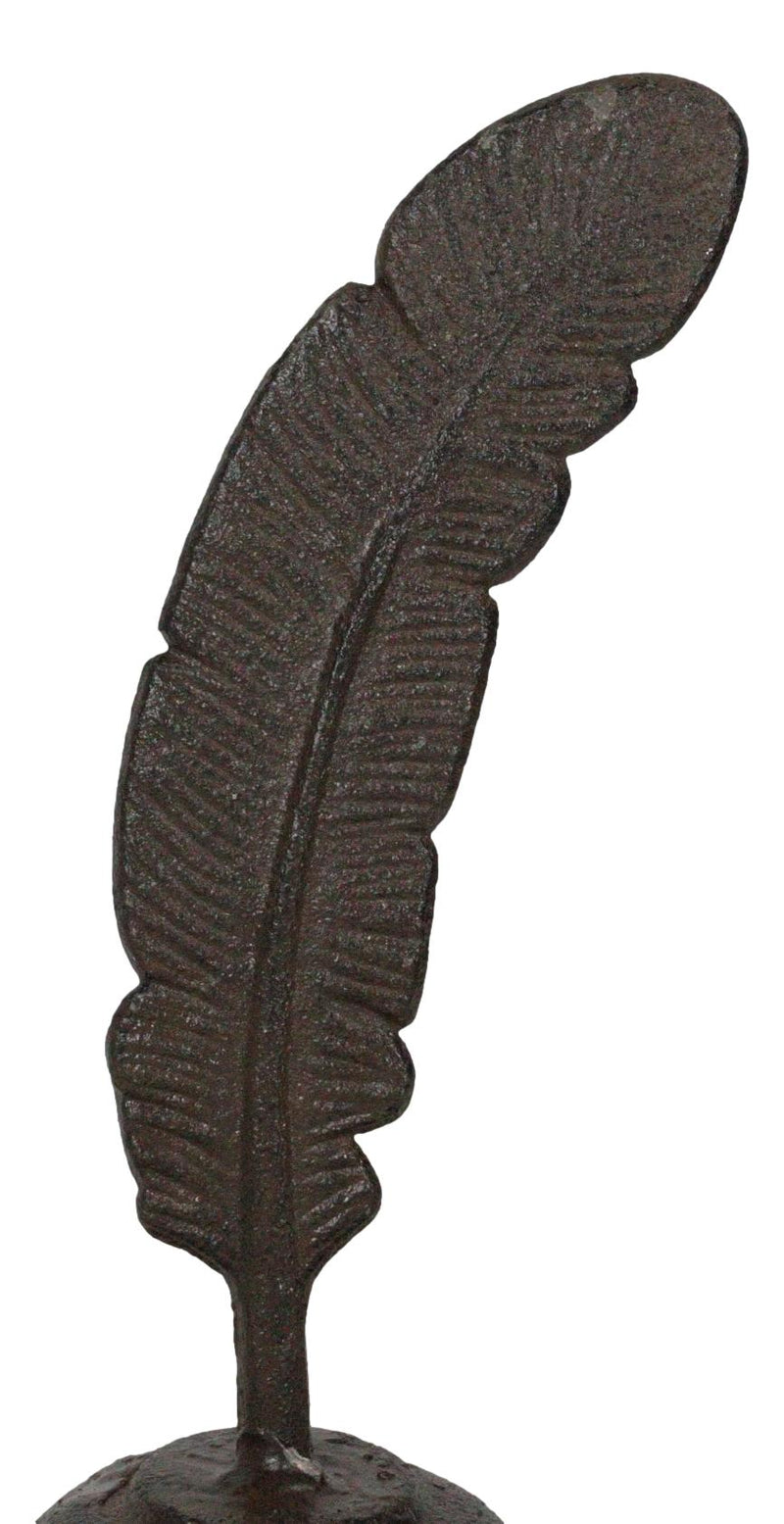 Rustic Cast Iron Brutalist Indian Eagle Feather On Ink Base Paperweight Figurine