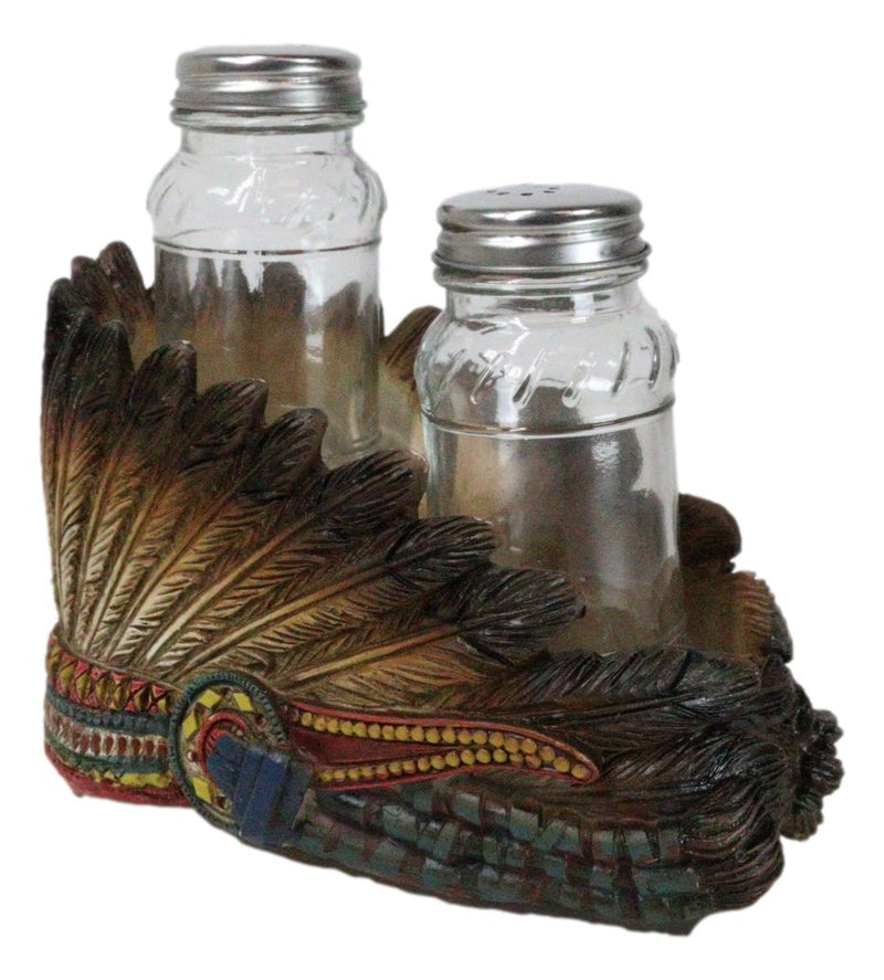 Southwest Native Indian Chief Headdress Roach Salt And Pepper Shakers And Holder