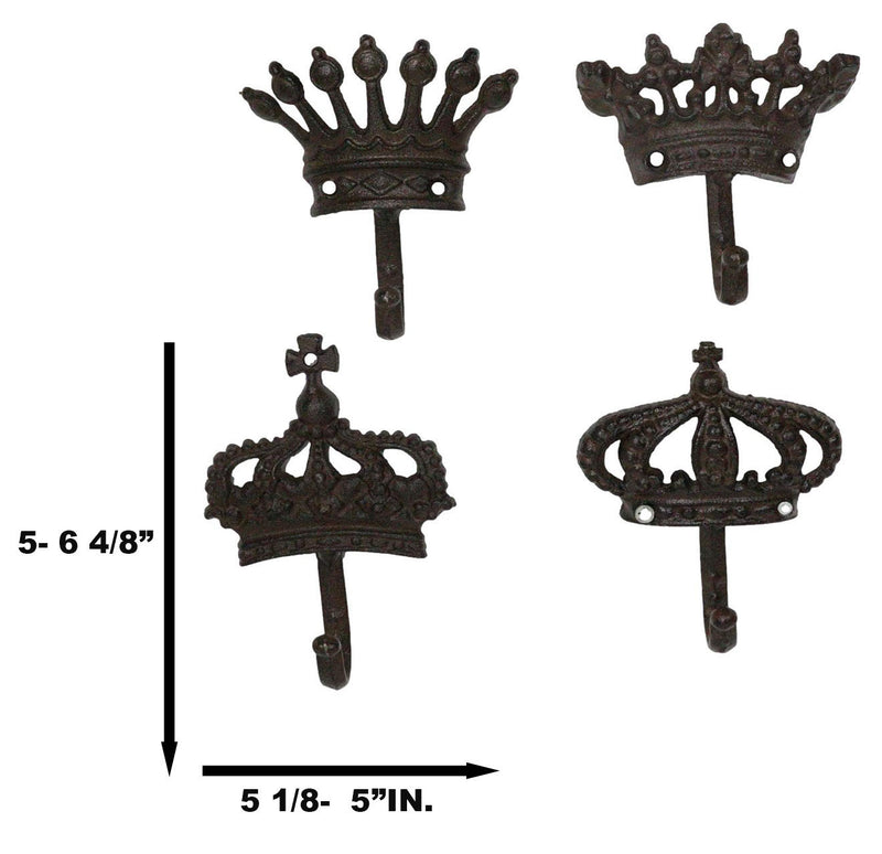 Pack Of 4 Cast Iron Medieval Royalty King and Queen Crowns Wall Coat Hooks