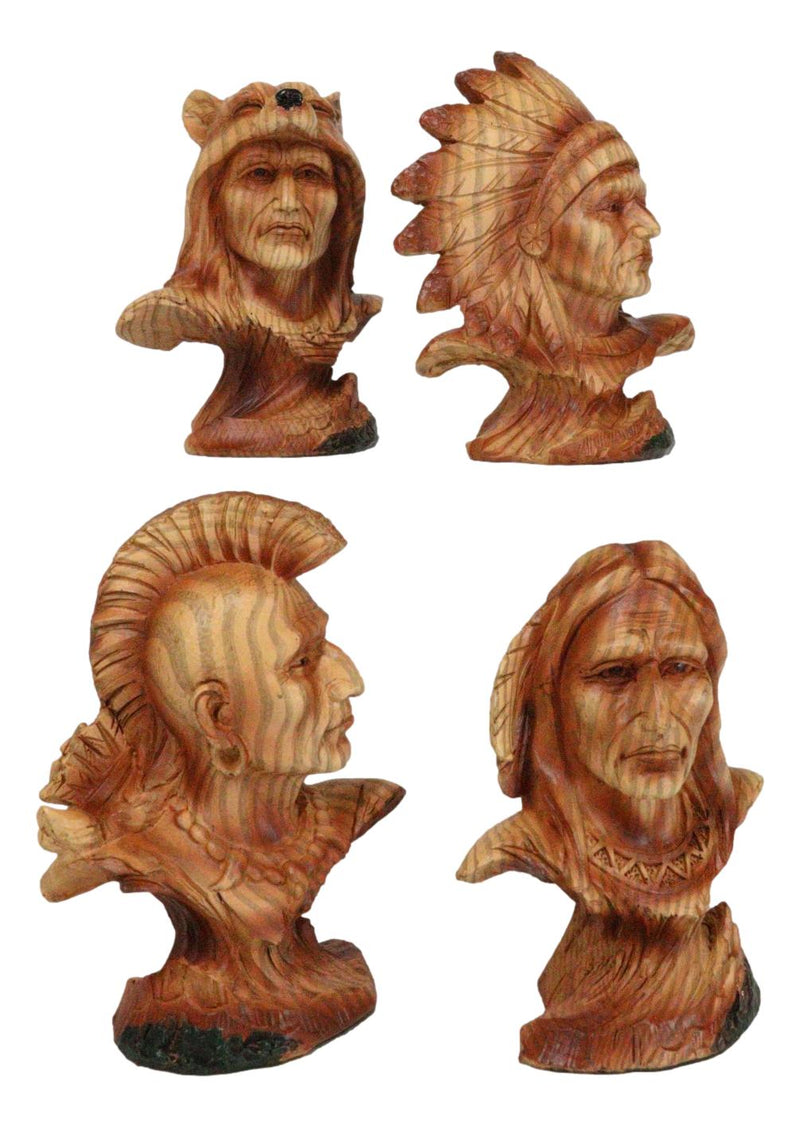 Set of 4 Native American Sioux Indian Tribal Warrior Chief Faux Wood Figurines