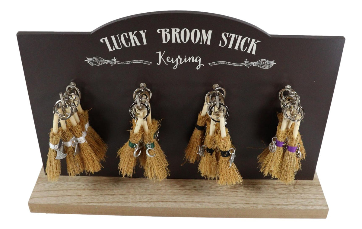 Triple Moon Pentagram Broomsticks Keyrings Key Chains Set Of 24 With MDF Display
