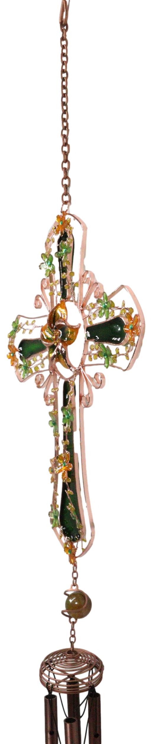 Green Floral Shamrock Cross with Gemstones Metal Scroll Filigree Wind Chime 31"H