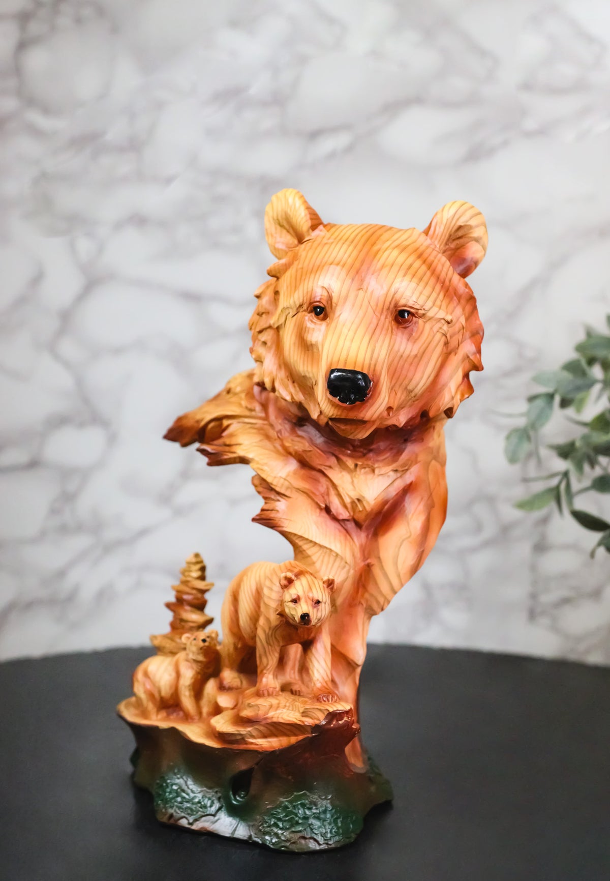 Bear Head with Cub Family Figurine Faux Wood Carved Look Black Bear Statue