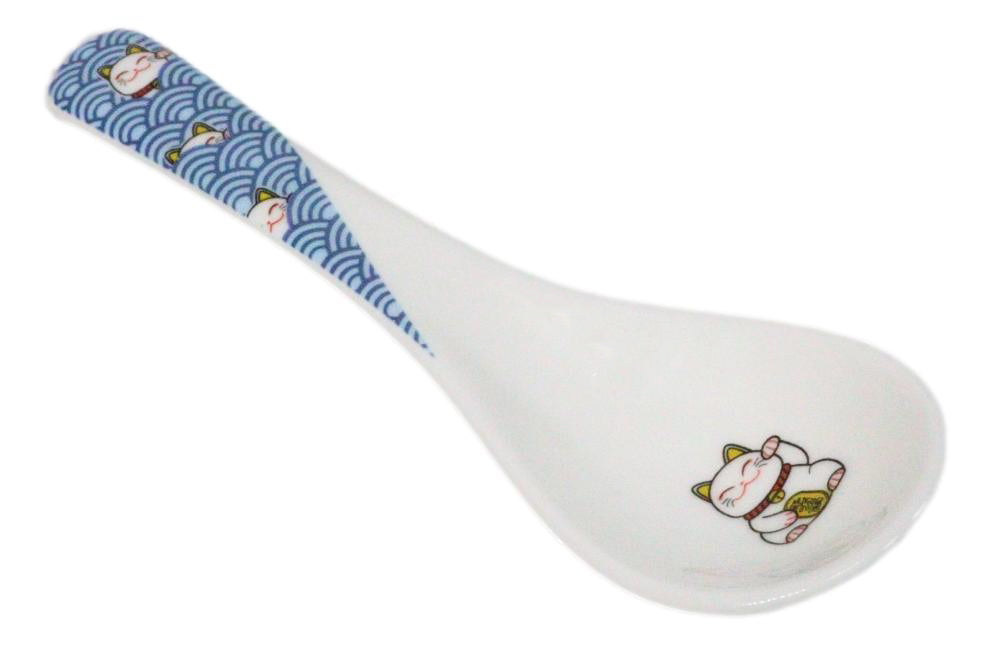 Set of 6 Lucky Cat Maneki Neko Porcelain Asian Soup Spoons Japanese Ramen Pho