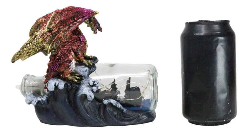Red Gold Dragon On Ocean Waves Rock With Ship Trapped in LED Bottle Figurine