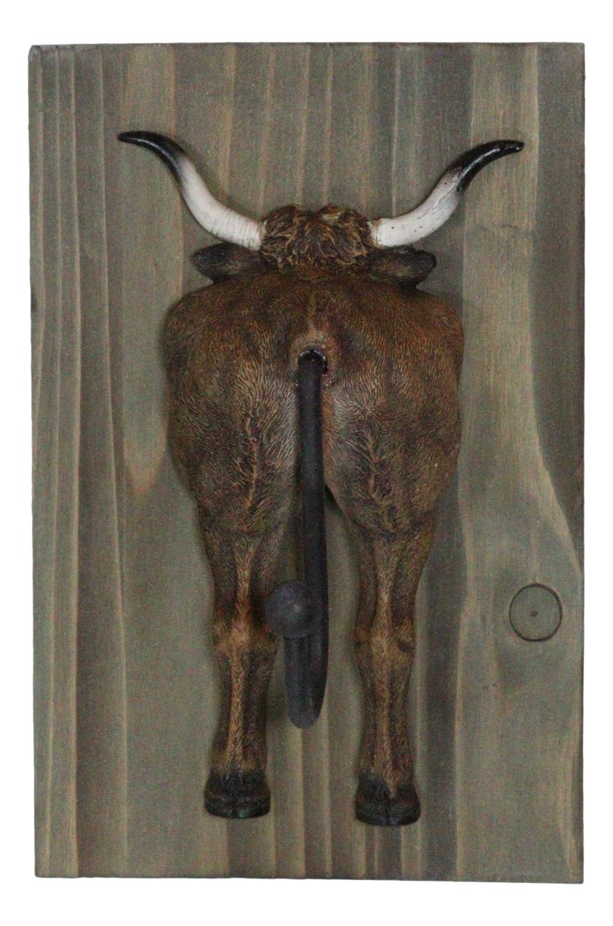 Set of 3 Rustic Western Steer Bulls Hind Butt Coat Wall Hooks With Wooden Plaque