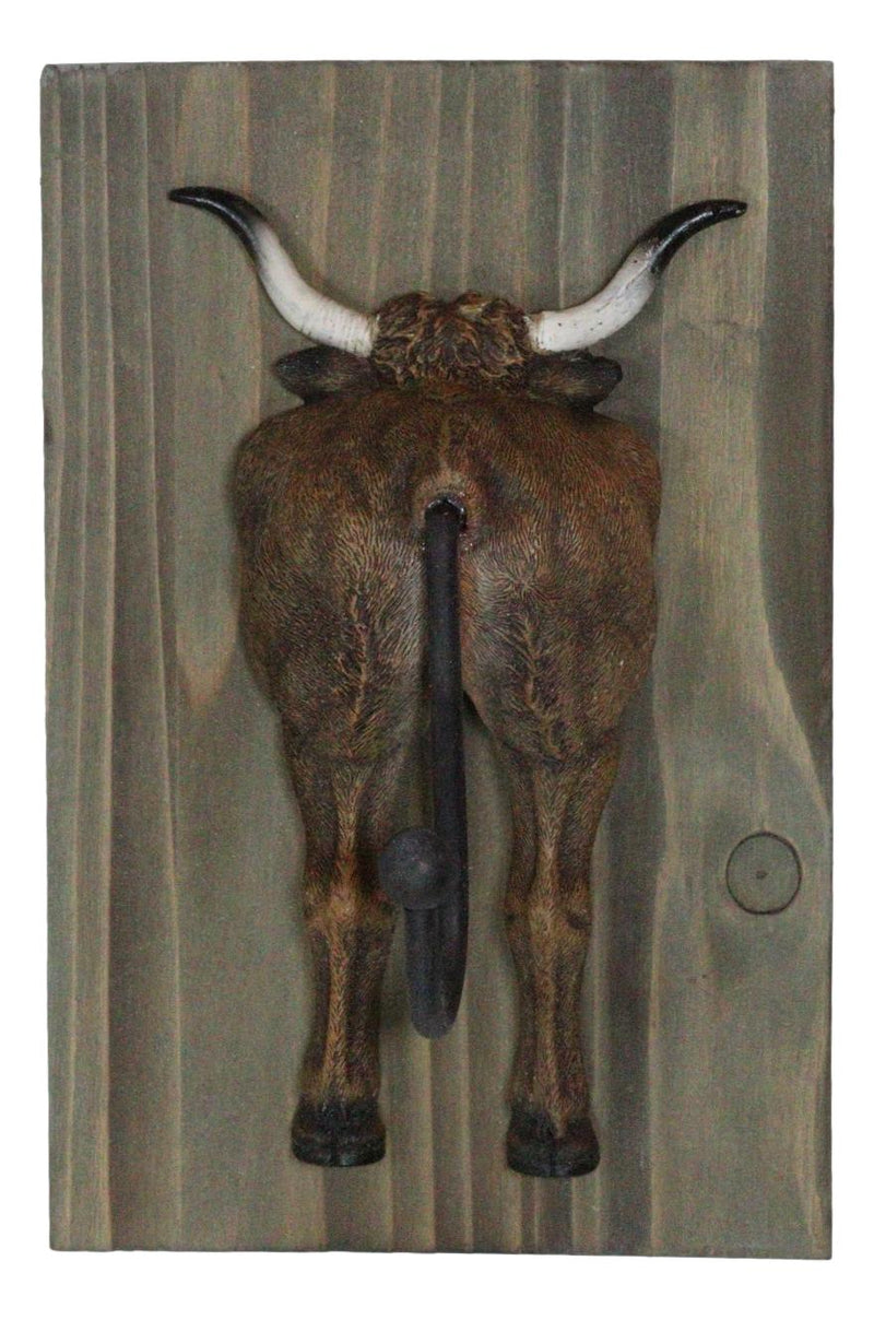 Set of 3 Rustic Western Steer Bulls Hind Butt Coat Wall Hooks With Wooden Plaque