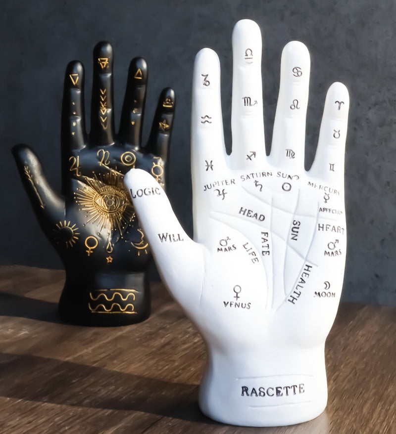 Ebros Psychic Fortune Teller Palmistry Hand Palm Figurine (Black & White Set) - Ebros Gift