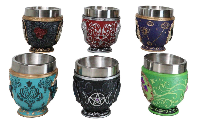 Set Of 6 Colorful Cameo Tarot Moth Skeletons Dragons Cat Magic Tea Cup Mugs