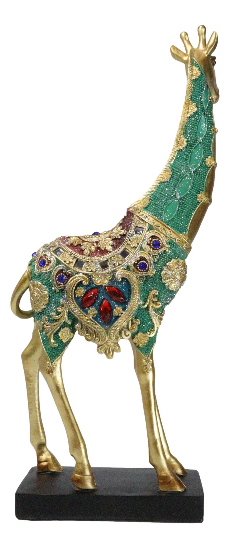Large Safari Savannah Green Bejeweled Masai Giraffe With Black Base Figurine 16"