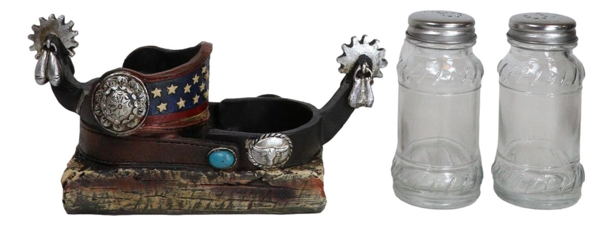 Western Cowboy Boot Spurs USA Flag Conchos Faux Leather Salt Pepper Shakers Set - Ebros Gift
