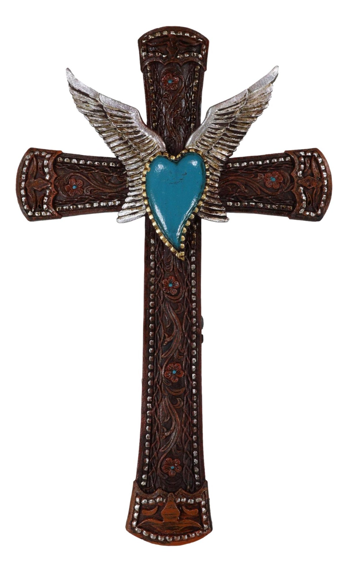 Western Boho Chic Turquoise Heart Angel Wings Tooled Floral Leather Wall Cross - Ebros Gift