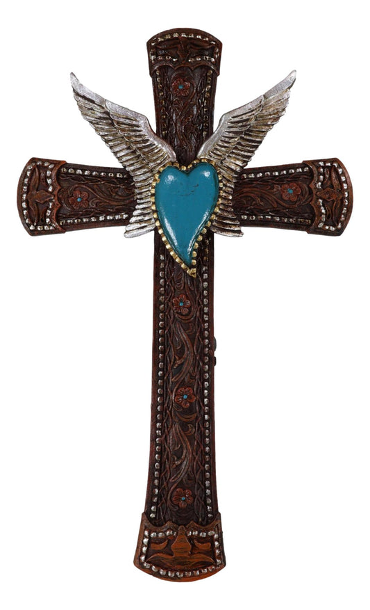 Western Boho Chic Turquoise Heart Angel Wings Tooled Floral Leather Wall Cross - Ebros Gift