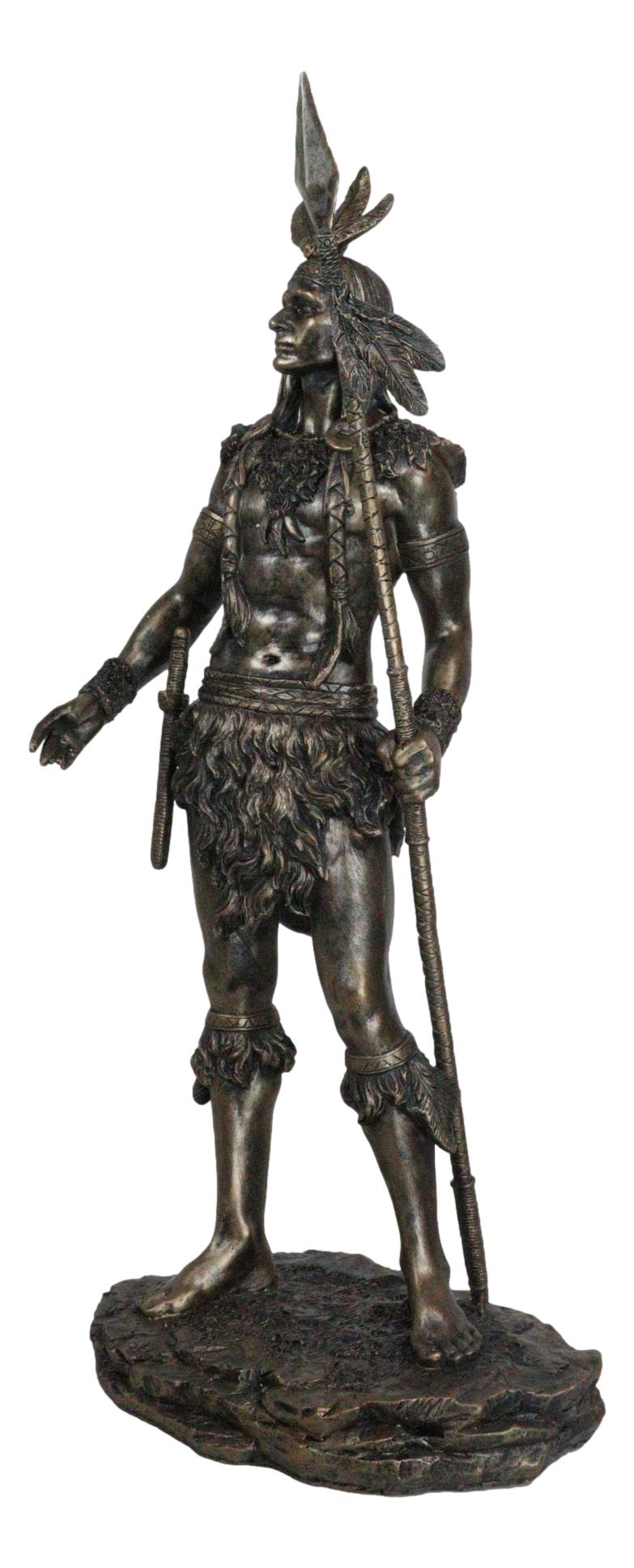 19" H Native American Indian Tribal Warrior Hunter Chief Holding Spear Figurine