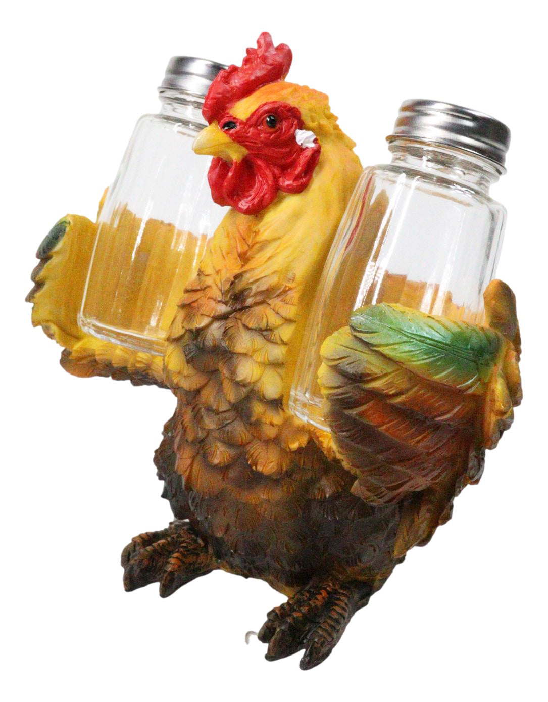 Rustic Farmhouse Country Rooster Chicken Salt and Pepper Shakers Holder Set 7"H
