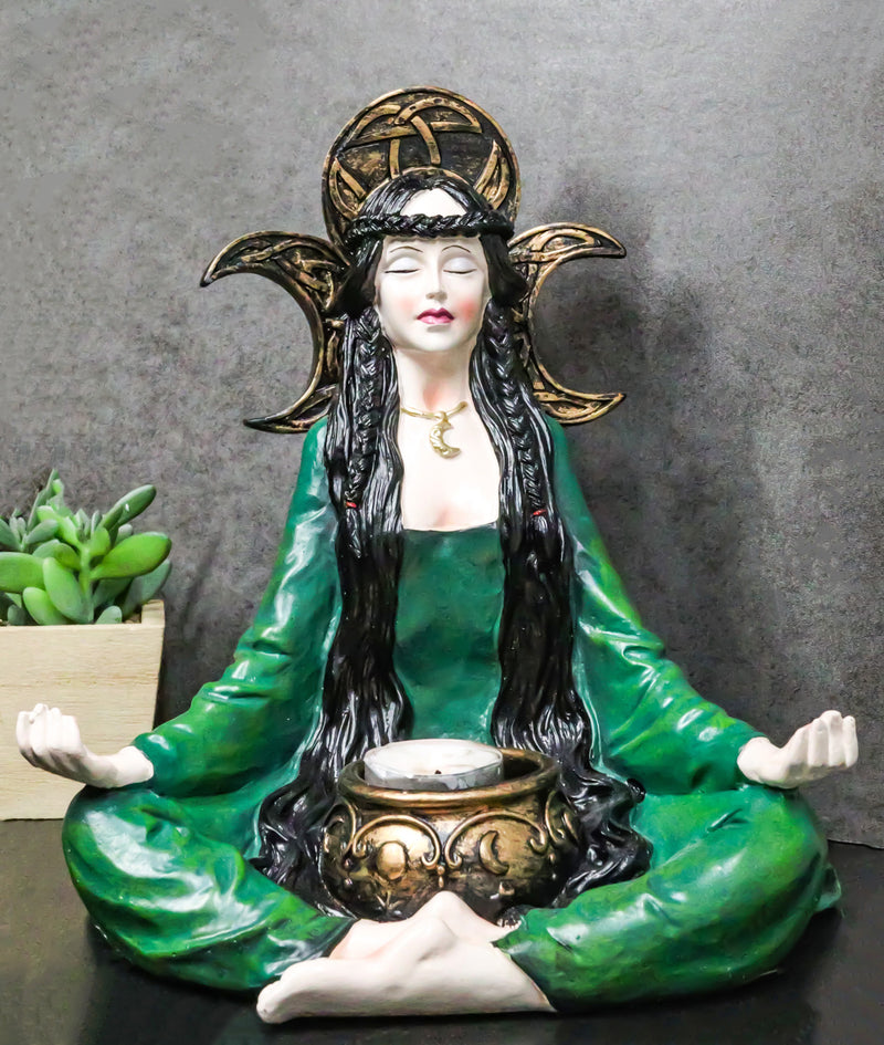 Wicca Witch Meditating With Triple Moon Sign And Cauldron Votive Candle Holder